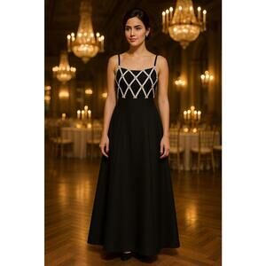 Bari Jay Petite Black/White Satin Gown w/Criss Cross White Rose Detail, 14P